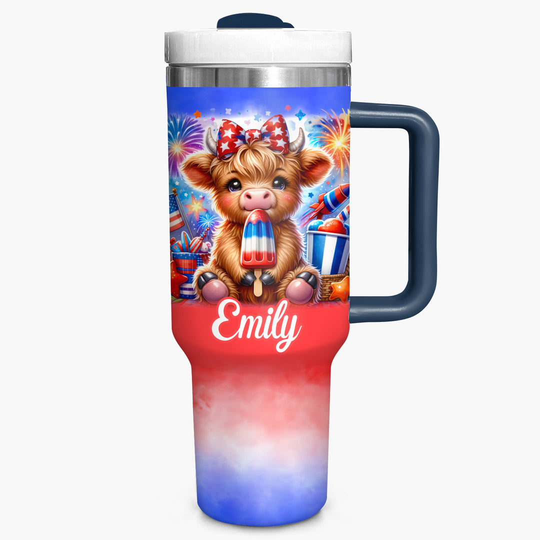Freedom Frolic - Personalized Tumbler With Handle - Gift for Highland Cow Lover NCU0PT018