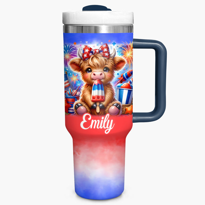 Freedom Frolic - Personalized Tumbler With Handle - Gift for Highland Cow Lover NCU0PT018