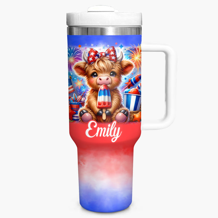 Freedom Frolic - Personalized Tumbler With Handle - Gift for Highland Cow Lover NCU0PT018