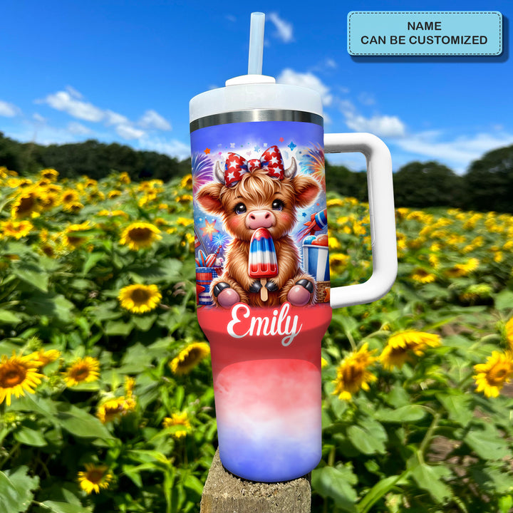 Freedom Frolic - Personalized Tumbler With Handle - Gift for Highland Cow Lover NCU0PT018