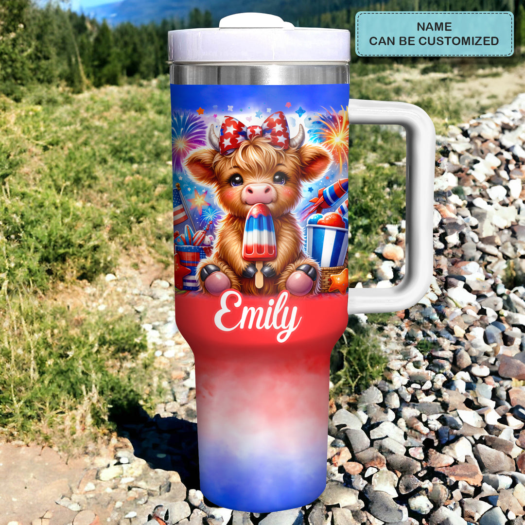 Freedom Frolic - Personalized Tumbler With Handle - Gift for Highland Cow Lover NCU0PT018