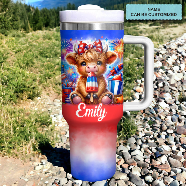 Freedom Frolic - Personalized Tumbler With Handle - Gift for Highland Cow Lover NCU0PT018