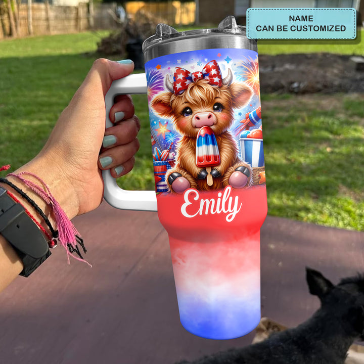 Freedom Frolic - Personalized Tumbler With Handle - Gift for Highland Cow Lover NCU0PT018