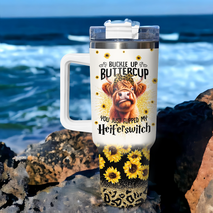 Sassy Sunflower Sipper - Tumbler With Handle - Gift for Highland Cow Lover NCU0PT020