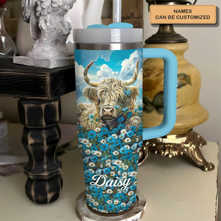 Meadow Majesty - Personalized Tumbler with Handle - Gift for Highland Cow Lover NCU0PT24