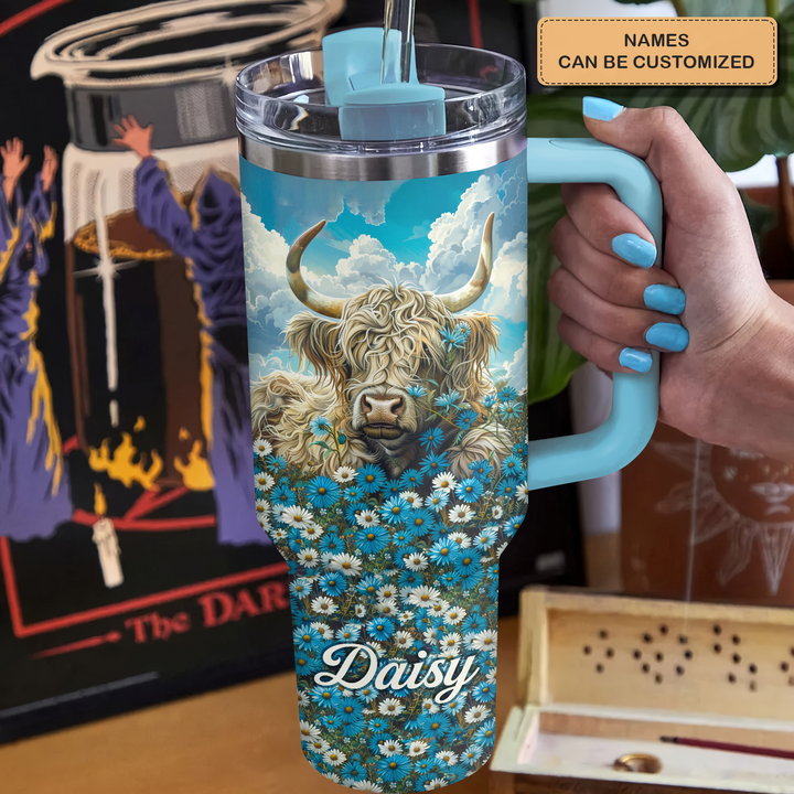 Meadow Majesty - Personalized Tumbler with Handle - Gift for Highland Cow Lover NCU0PT24