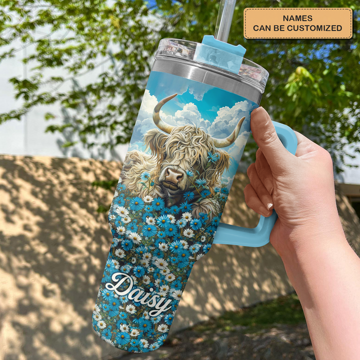 Meadow Majesty - Personalized Tumbler with Handle - Gift for Highland Cow Lover NCU0PT24