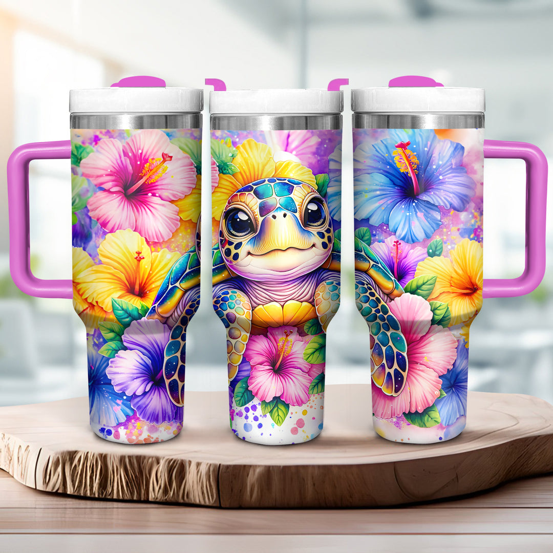 Colorful Floral Baby Turtle - Tumbler with Handle - Gift For Turtle Lovers - NCU0DV048