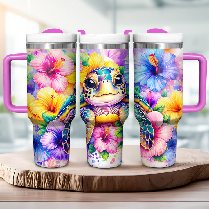 Colorful Floral Baby Turtle - Tumbler with Handle - Gift For Turtle Lovers - NCU0DV048