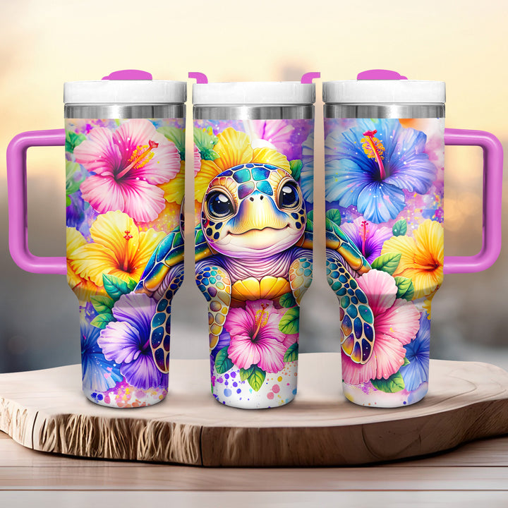 Colorful Floral Baby Turtle - Tumbler with Handle - Gift For Turtle Lovers - NCU0DV048