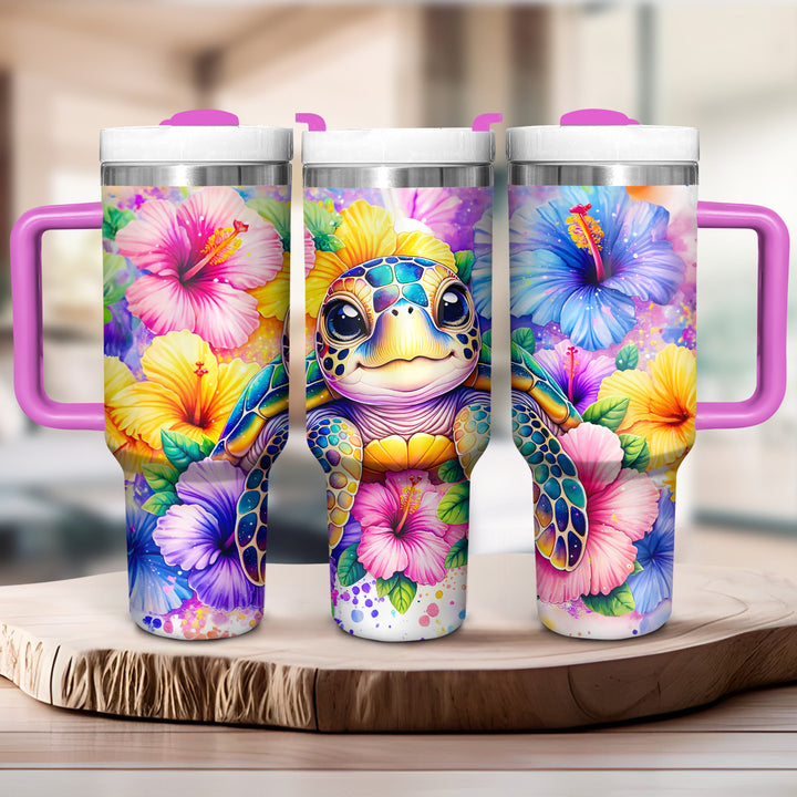 Colorful Floral Baby Turtle - Tumbler with Handle - Gift For Turtle Lovers - NCU0DV048