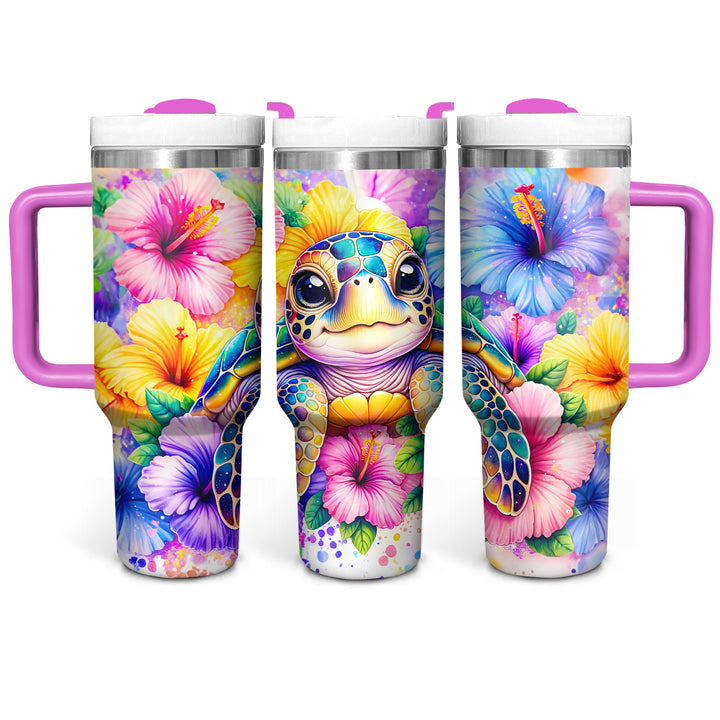 Colorful Floral Baby Turtle - Tumbler with Handle - Gift For Turtle Lovers - NCU0DV048