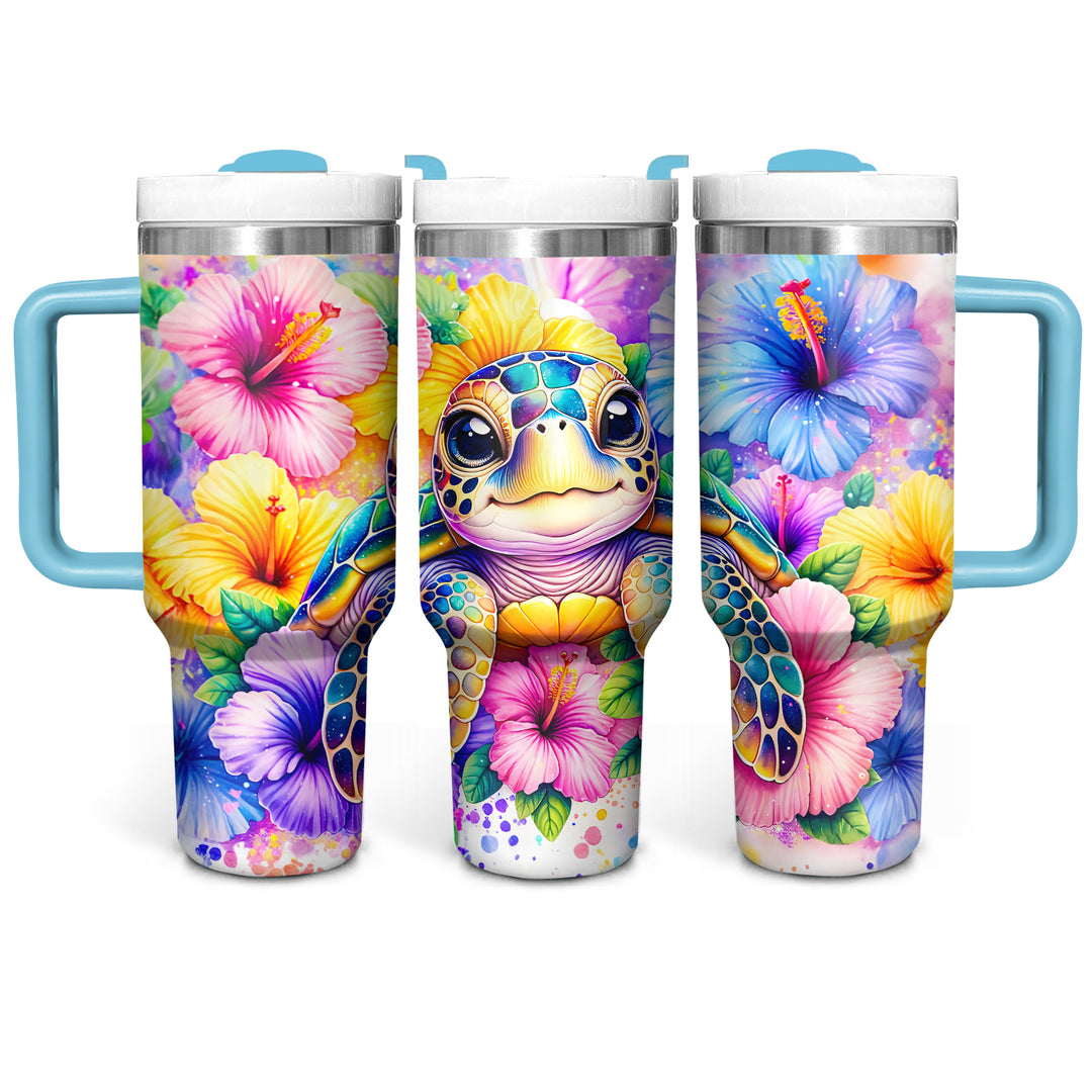 Colorful Floral Baby Turtle - Tumbler with Handle - Gift For Turtle Lovers - NCU0DV048