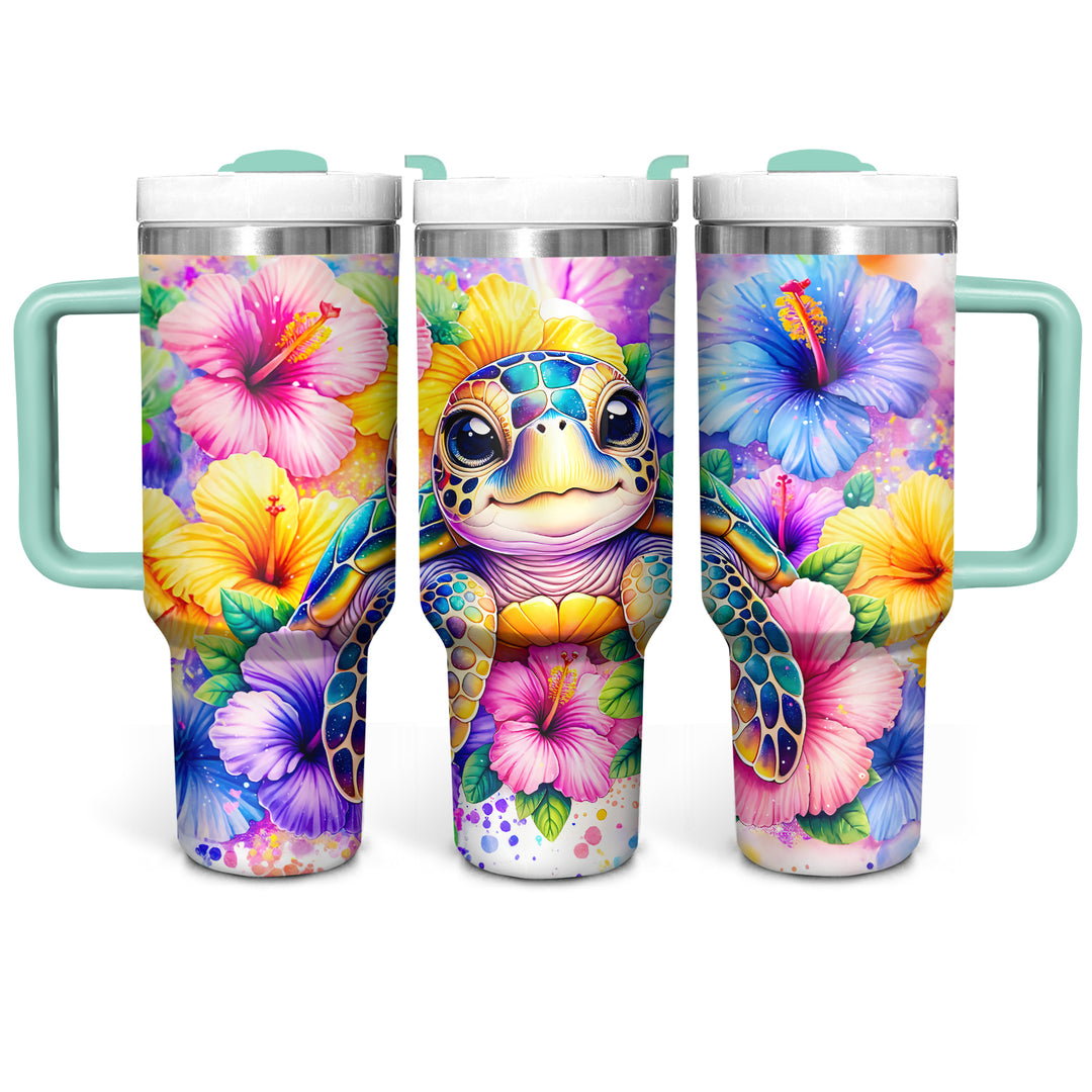 Colorful Floral Baby Turtle - Tumbler with Handle - Gift For Turtle Lovers - NCU0DV048