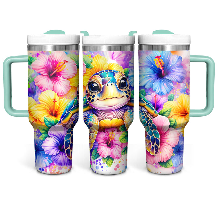 Colorful Floral Baby Turtle - Tumbler with Handle - Gift For Turtle Lovers - NCU0DV048