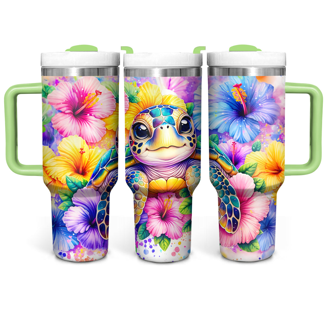 Colorful Floral Baby Turtle - Tumbler with Handle - Gift For Turtle Lovers - NCU0DV048