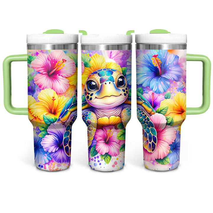 Colorful Floral Baby Turtle - Tumbler with Handle - Gift For Turtle Lovers - NCU0DV048