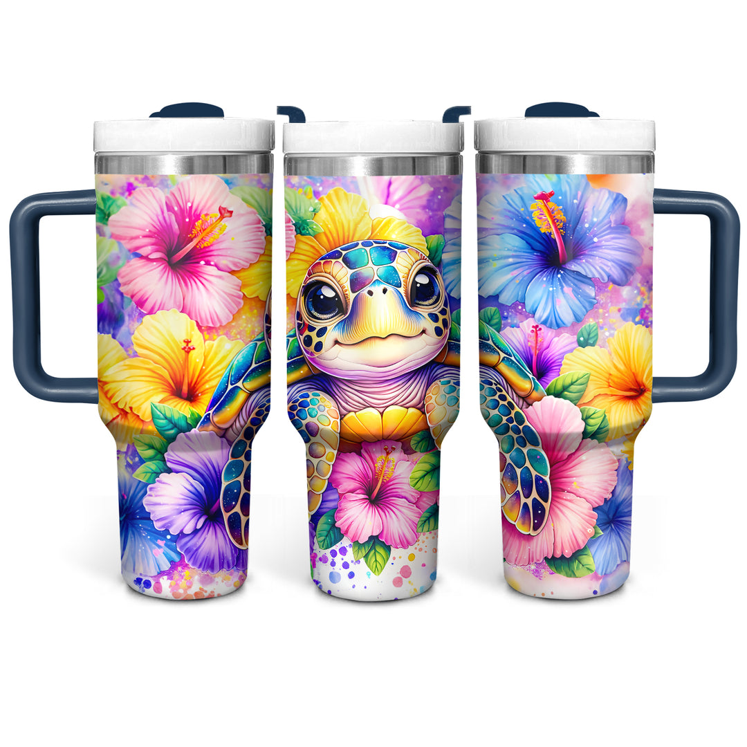 Colorful Floral Baby Turtle - Tumbler with Handle - Gift For Turtle Lovers - NCU0DV048