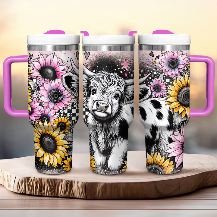 Happy Sunflower Highland Cow - Tumbler with Handle - Gift For Highland Cow Lovers - NCU0DV053