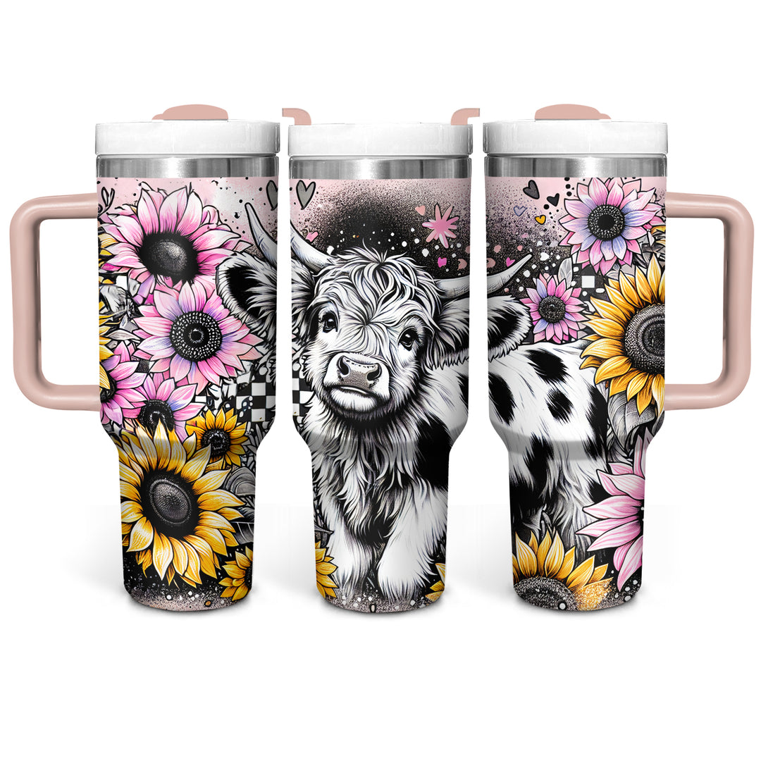 Happy Sunflower Highland Cow - Tumbler with Handle - Gift For Highland Cow Lovers - NCU0DV053