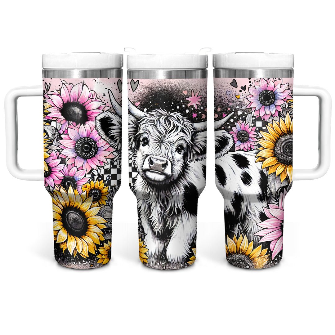 Happy Sunflower Highland Cow - Tumbler with Handle - Gift For Highland Cow Lovers - NCU0DV053
