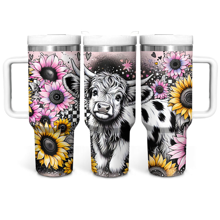Happy Sunflower Highland Cow - Tumbler with Handle - Gift For Highland Cow Lovers - NCU0DV053