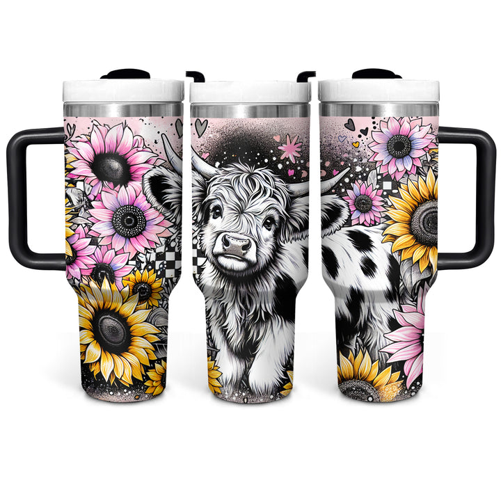 Happy Sunflower Highland Cow - Tumbler with Handle - Gift For Highland Cow Lovers - NCU0DV053