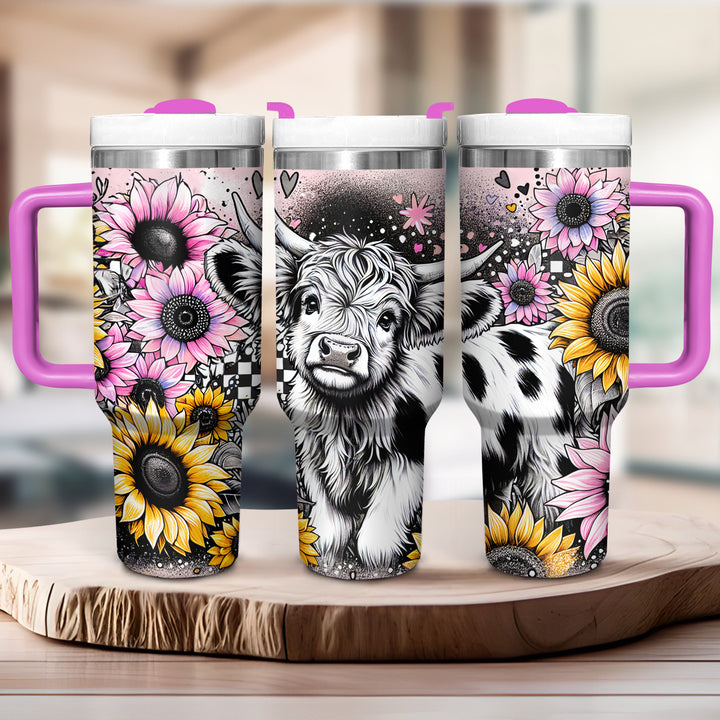 Happy Sunflower Highland Cow - Tumbler with Handle - Gift For Highland Cow Lovers - NCU0DV053