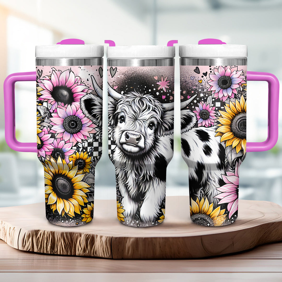Happy Sunflower Highland Cow - Tumbler with Handle - Gift For Highland Cow Lovers - NCU0DV053
