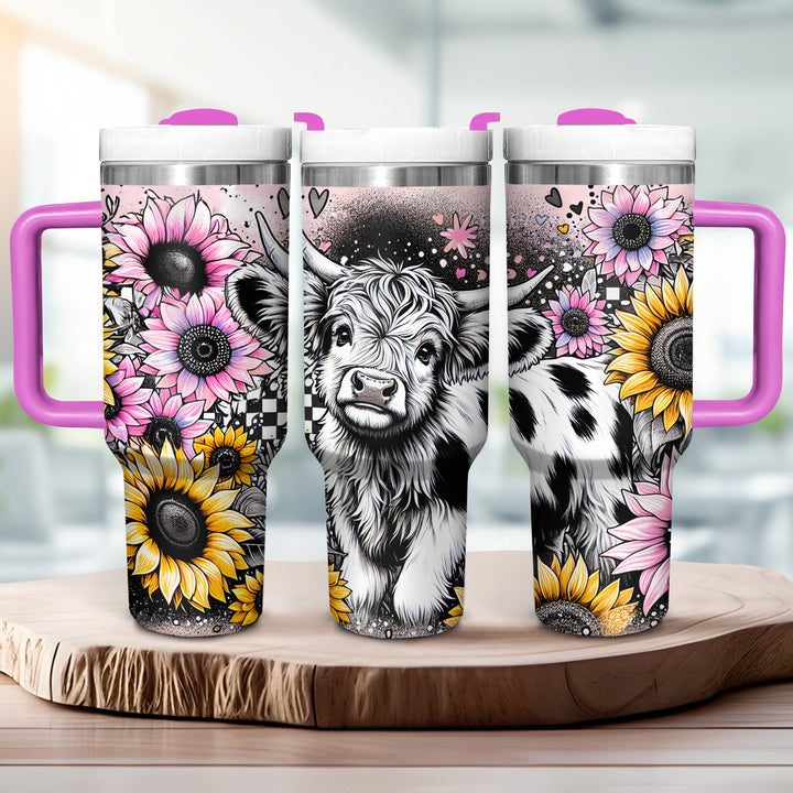 Happy Sunflower Highland Cow - Tumbler with Handle - Gift For Highland Cow Lovers - NCU0DV053