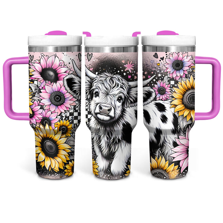 Happy Sunflower Highland Cow - Tumbler with Handle - Gift For Highland Cow Lovers - NCU0DV053