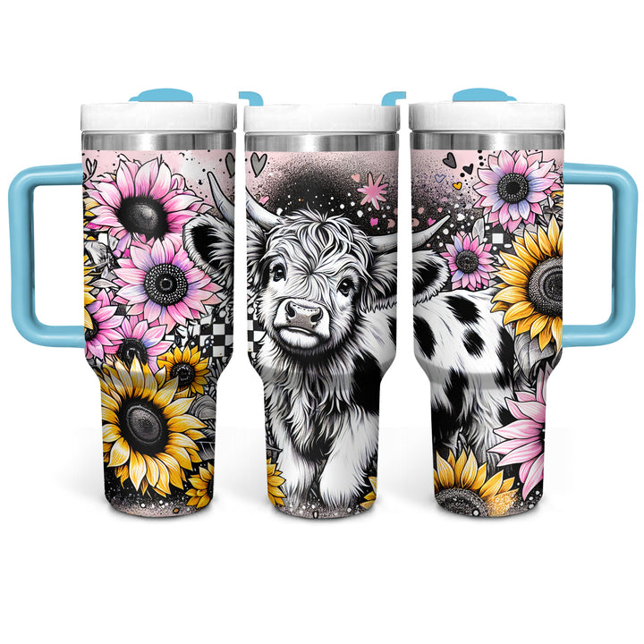 Happy Sunflower Highland Cow - Tumbler with Handle - Gift For Highland Cow Lovers - NCU0DV053