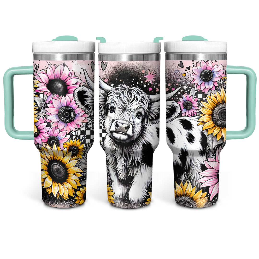 Happy Sunflower Highland Cow - Tumbler with Handle - Gift For Highland Cow Lovers - NCU0DV053