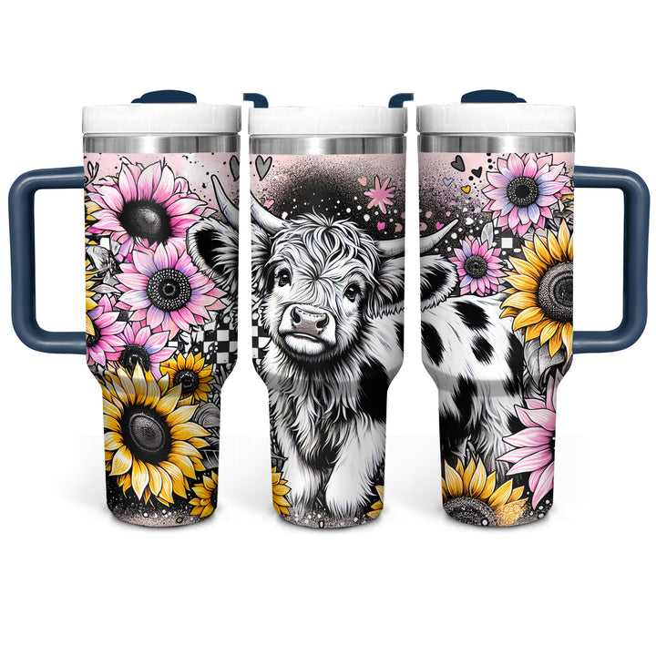 Happy Sunflower Highland Cow - Tumbler with Handle - Gift For Highland Cow Lovers - NCU0DV053