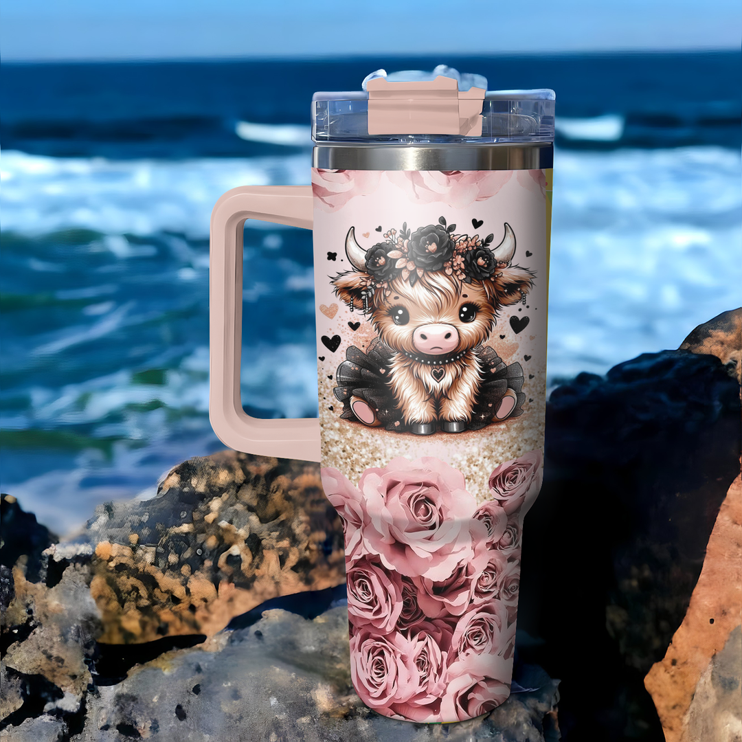 Floral Moo-gic - Tumbler With Handle - Gift for Highland Cow Lovers NCU0PT004