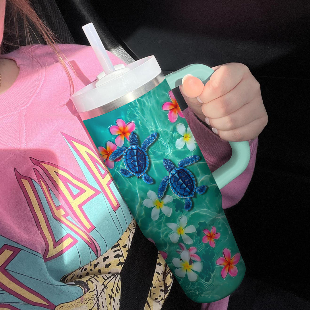 Floral Baby Turtle - Tumbler with Handle - Gift For Turtle Lovers - NCU0DV031