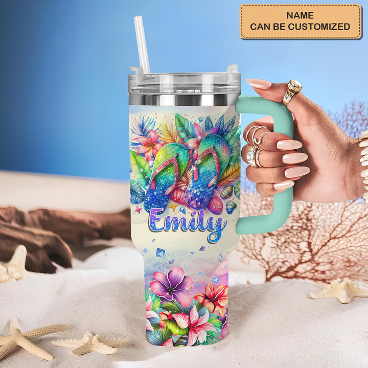 Tropical Flip Flops - Personalized Tumbler With Handle NCU0PT27