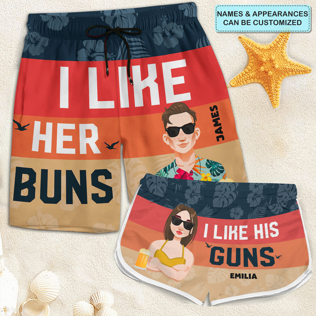 I Like Her Buns - Personalized Custom Couple Beach Shorts - Gift For Couple
