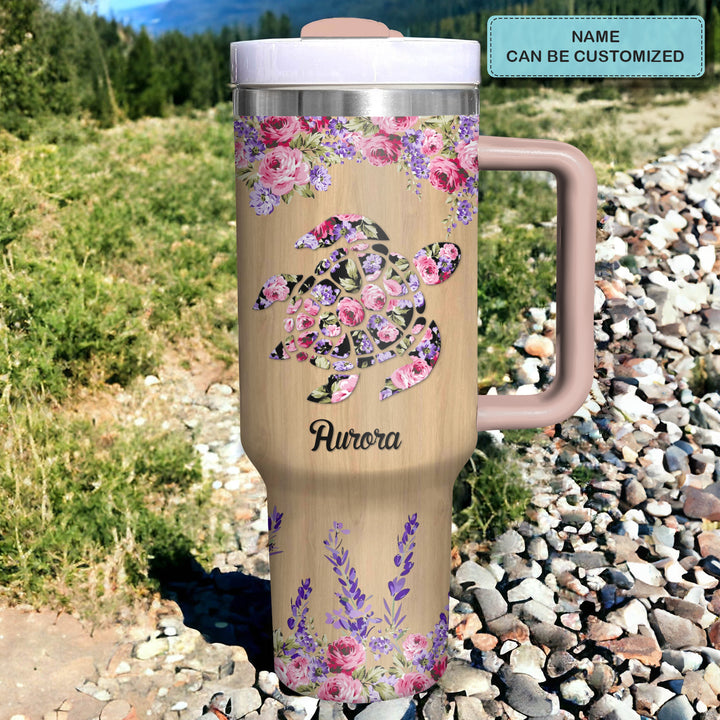 Floral Sea Turtle - Personalized Tumbler with Handle - Gift For Turtle Lovers - NCU0DV034