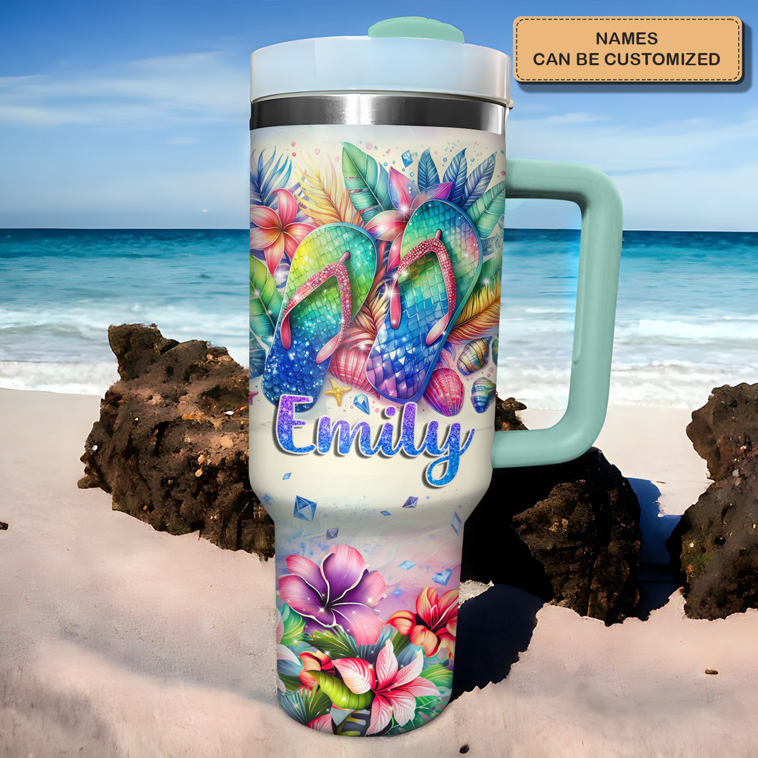 Tropical Flip Flops - Personalized Tumbler With Handle NCU0PT27