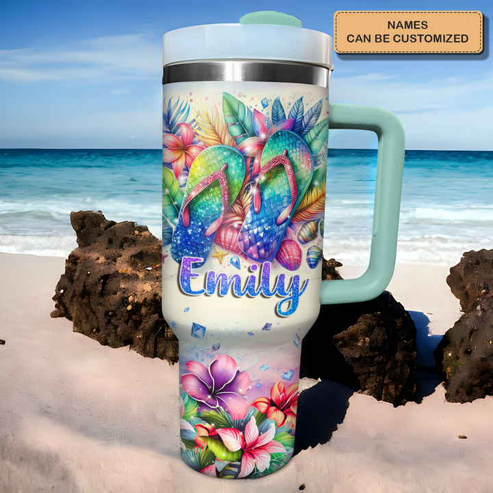 Tropical Flip Flops - Personalized Tumbler With Handle NCU0PT27