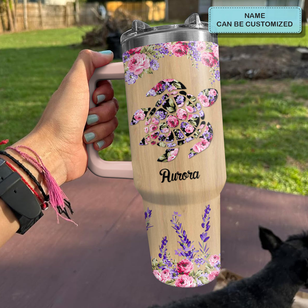 Floral Sea Turtle - Personalized Tumbler with Handle - Gift For Turtle Lovers - NCU0DV034
