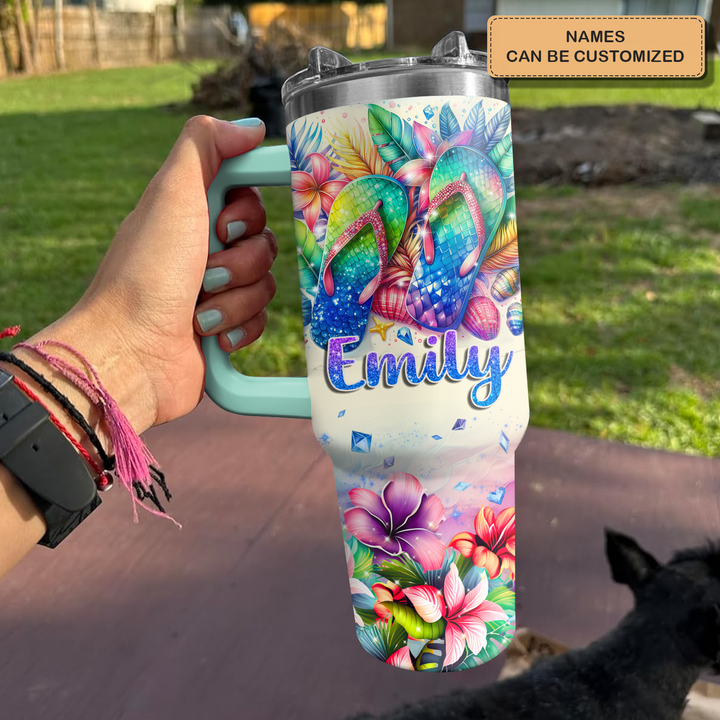 Tropical Flip Flops - Personalized Tumbler With Handle NCU0PT27