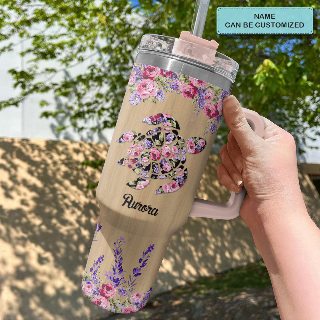 Floral Sea Turtle - Personalized Tumbler with Handle - Gift For Turtle Lovers - NCU0DV034