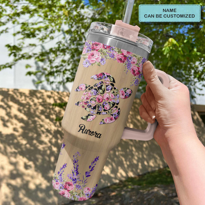 Floral Sea Turtle - Personalized Tumbler with Handle - Gift For Turtle Lovers - NCU0DV034