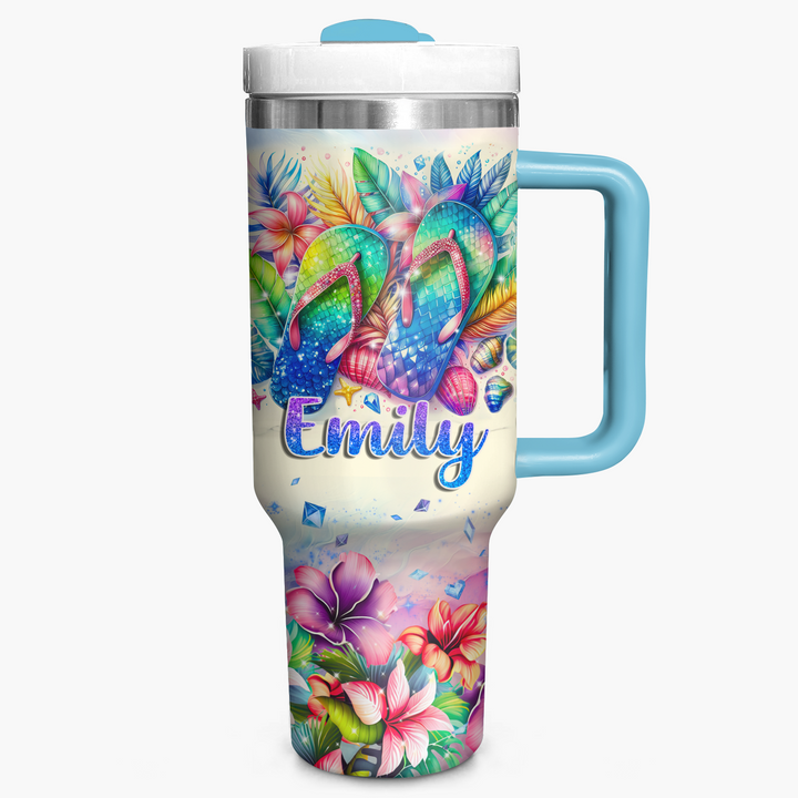 Tropical Flip Flops - Personalized Tumbler With Handle NCU0PT27