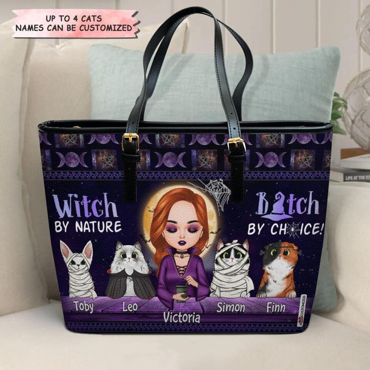 Personalized Leather Bucket Bag - Gift For Cat Lover - Witch By Nature