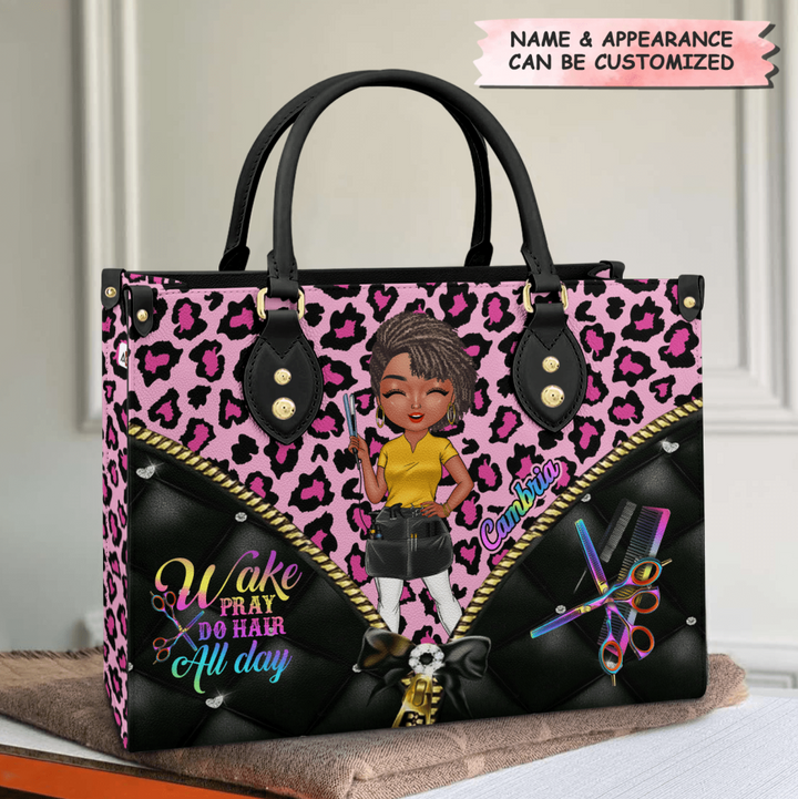 Personalized Leather Bag - Gift For Hairstylist - Wake Pray Do Hair All Day