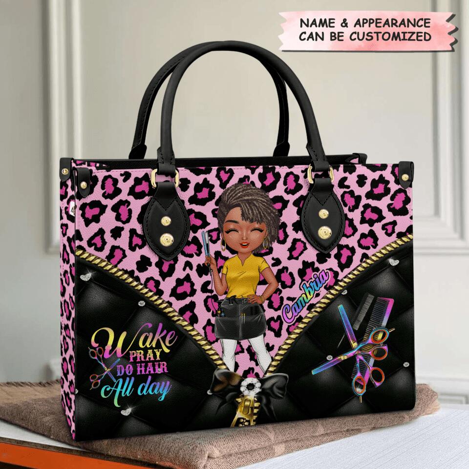 Personalized Leather Bag - Gift For Hairstylist - Wake Pray Do Hair All Day