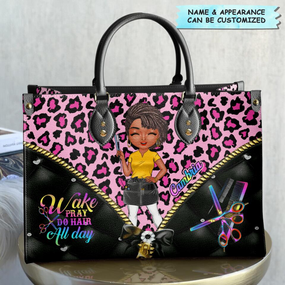 Personalized Leather Bag - Gift For Hairstylist - Wake Pray Do Hair All Day